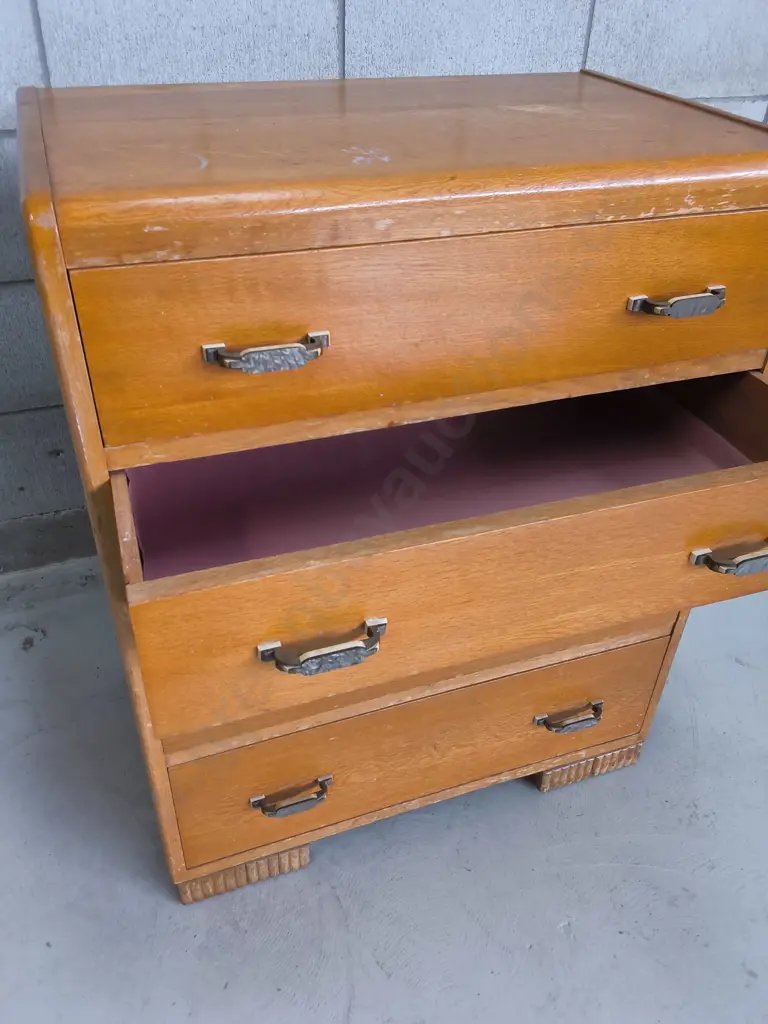 VINTAGE ART DECO FOUR DRAWER WOODEN CHEST, H 81 CM X W 65 CM X D 40 CM Image 1++