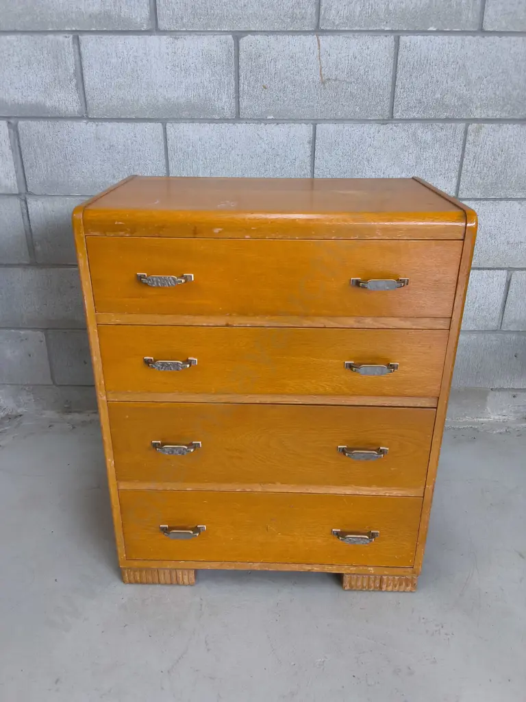 VINTAGE ART DECO FOUR DRAWER WOODEN CHEST, H 81 CM X W 65 CM X D 40 CM Image 1++