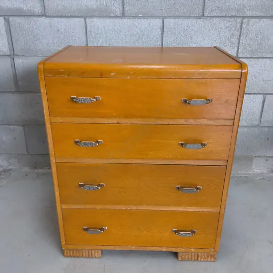VINTAGE ART DECO FOUR DRAWER WOODEN CHEST, H 81 CM X W 65 CM X D 40 CM