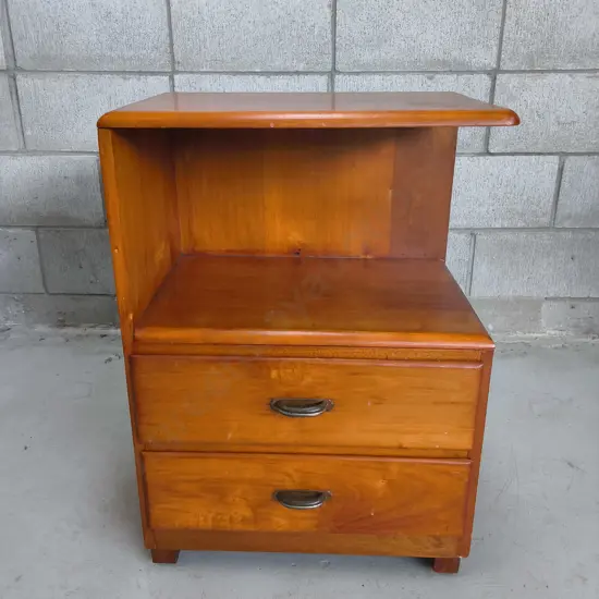 VINTAGE WOODEN BEDSIDE TABLE WITH OPEN UPPER SHELF, H 71 CM X W 51CM X D 35 CM