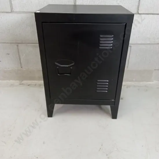BLACK METAL BEDSIDE CABINET, H 57CM X W 41CM X D 31CM