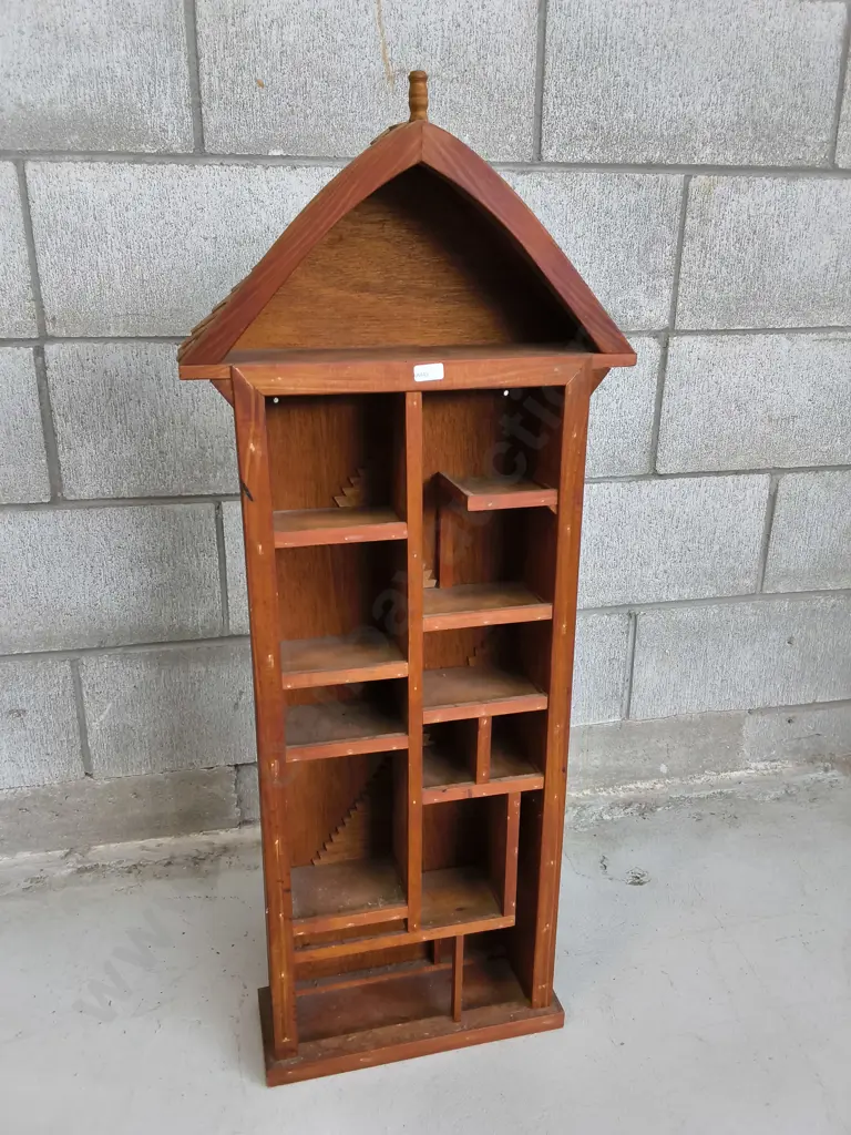 VINTAGE WOODEN HOUSE SHAPED CURIO AND TRINKET SHADOW BOX SHELF, H 94 CM Image 1++