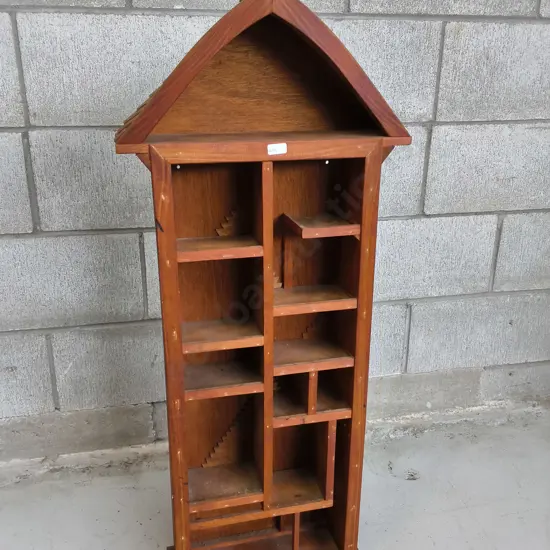 VINTAGE WOODEN HOUSE SHAPED CURIO AND TRINKET SHADOW BOX SHELF, H 94 CM