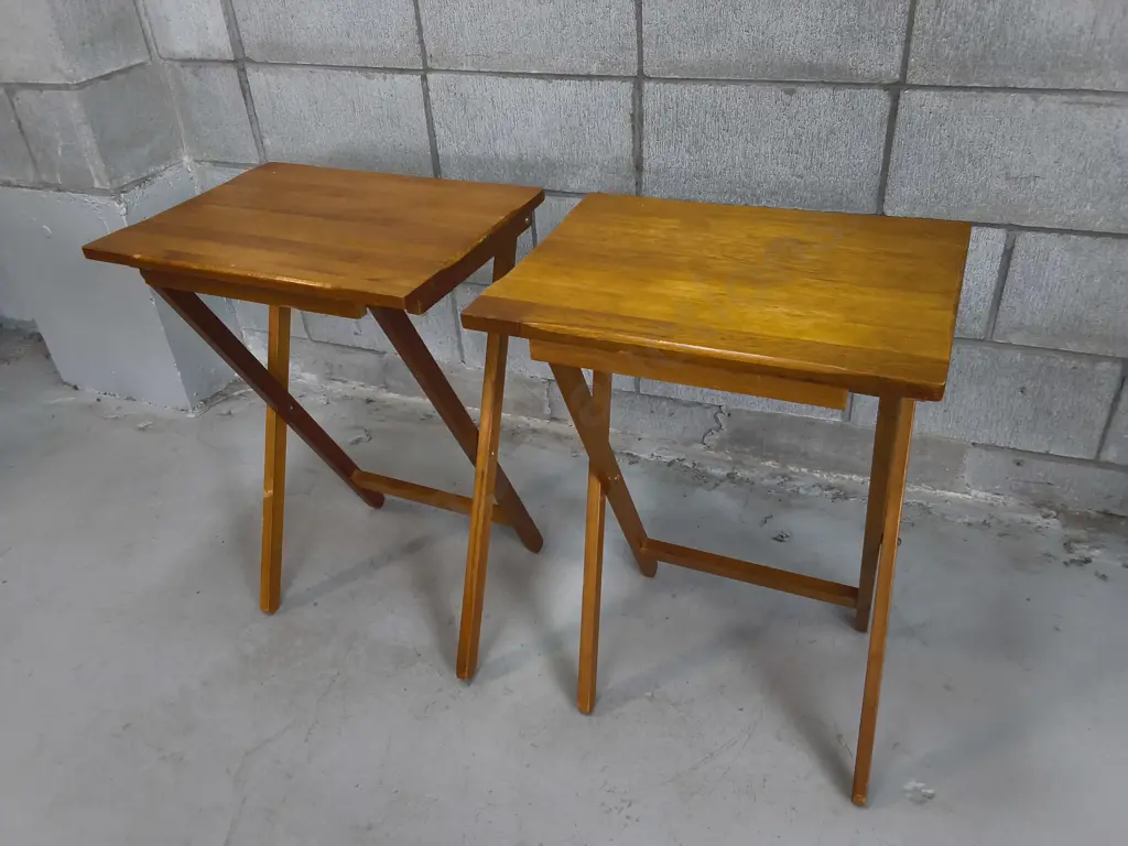 PAIR OF VINTAGE FOLDING WOODEN SNACK TABLES, H 65 CM X W 47 CM X D 37 CM Image 1++