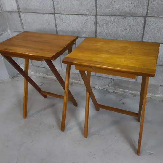 PAIR OF VINTAGE FOLDING WOODEN SNACK TABLES, H 65 CM X W 47 CM X D 37 CM