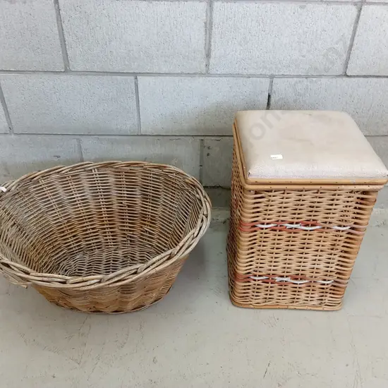 VINTAGE CANE BASKET AND LAUNDRY HAMPER, HAMPER IS H 48CM X W 30CM X D 30CM
