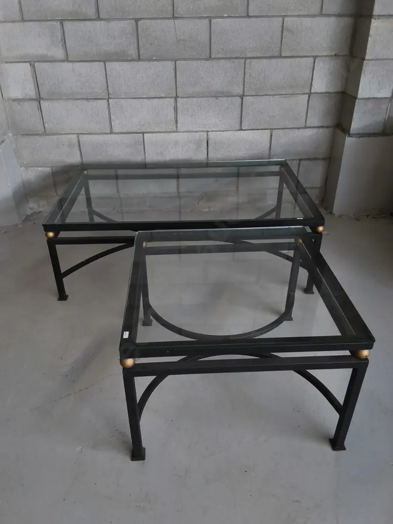 VINTAGE WROUGHT IRON AND GLASS TABLE SET, CONSOLE AND SIDE TABLES, WIDEST W 1.2 M X H 41 CM X D 80 CM Image 1++