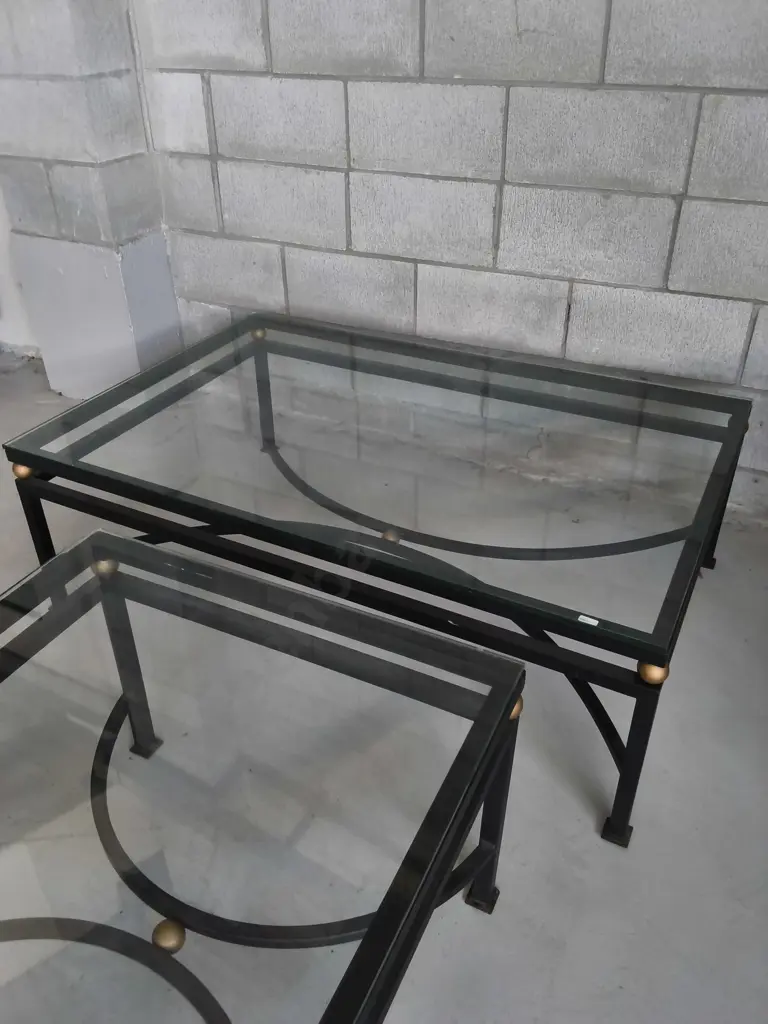 VINTAGE WROUGHT IRON AND GLASS TABLE SET, CONSOLE AND SIDE TABLES, WIDEST W 1.2 M X H 41 CM X D 80 CM Image 1++