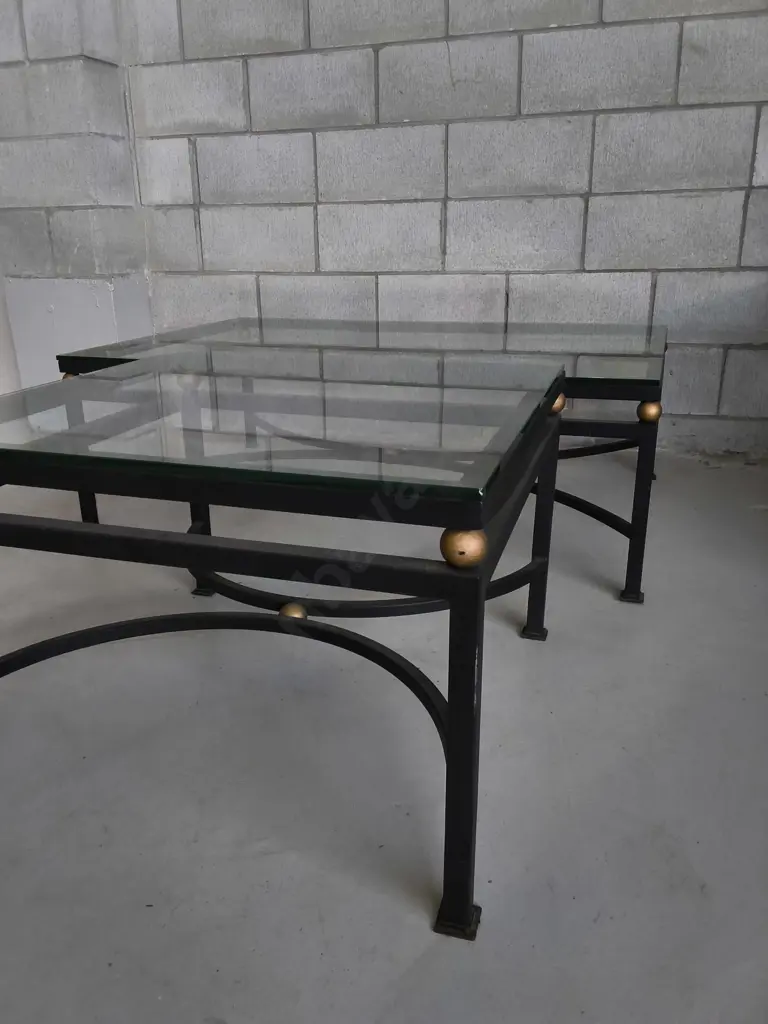 VINTAGE WROUGHT IRON AND GLASS TABLE SET, CONSOLE AND SIDE TABLES, WIDEST W 1.2 M X H 41 CM X D 80 CM Image 1++
