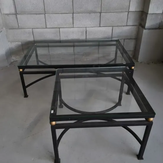 VINTAGE WROUGHT IRON AND GLASS TABLE SET, CONSOLE AND SIDE TABLES, WIDEST W 1.2 M X H 41 CM X D 80 CM