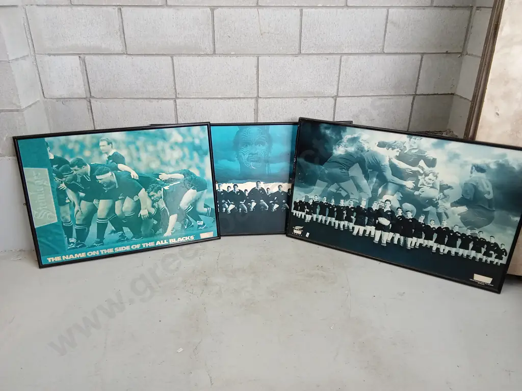 3 VINTAGE ALL BLACKS FRAMED PRINTS, LARGEST IS 60CM X 102CM Image 1++