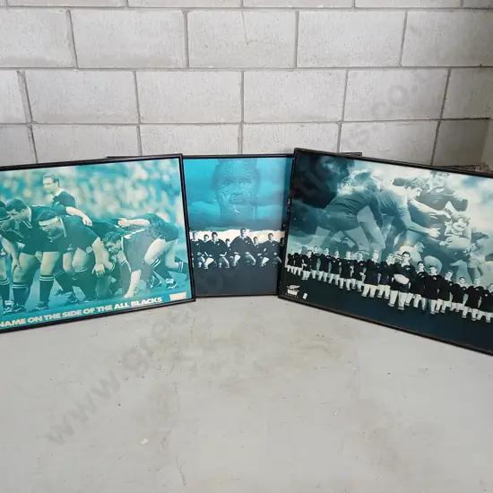 3 VINTAGE ALL BLACKS FRAMED PRINTS, LARGEST IS 60CM X 102CM