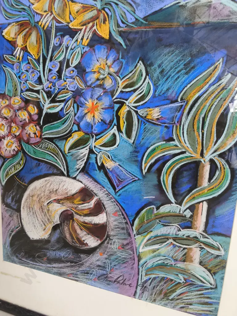 ORIGINAL STILL LIFE WITH NAUTILUS SHELL AND NATIVE FLORA BY ANNA PALMER, FRAMED, H 90 CM X W 74 CM Image 1++