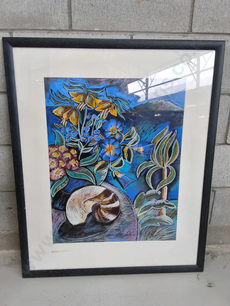 ORIGINAL STILL LIFE WITH NAUTILUS SHELL AND NATIVE FLORA BY ANNA PALMER, FRAMED, H 90 CM X W 74 CM Image 1++