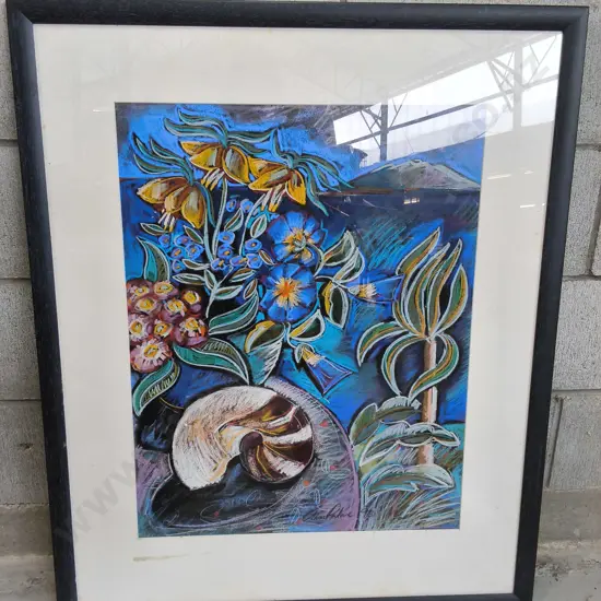 ORIGINAL STILL LIFE WITH NAUTILUS SHELL AND NATIVE FLORA BY ANNA PALMER, FRAMED, H 90 CM X W 74 CM