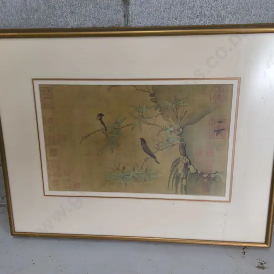 FRAMED REPRODUCTION OF "FINCHES AND BAMBOO", H 54 CM X W 69 CM