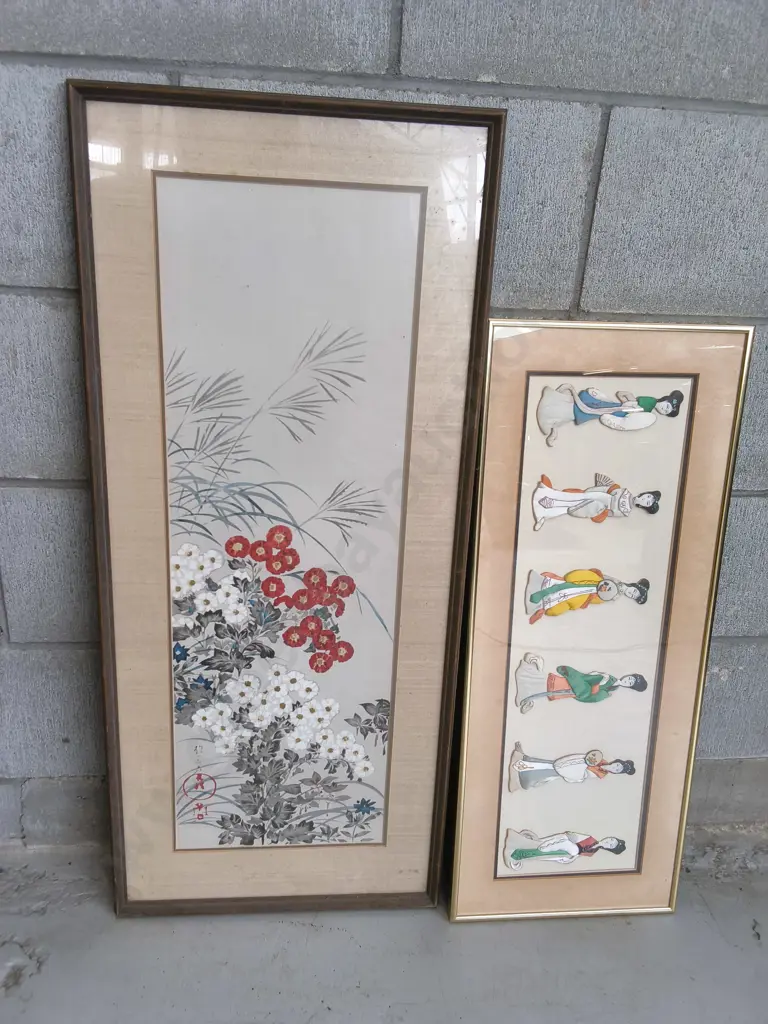 PAIR OF FRAMED ASIAN TEXTILE ART, TALLEST H 90 CM X W 39 CM Image 1++