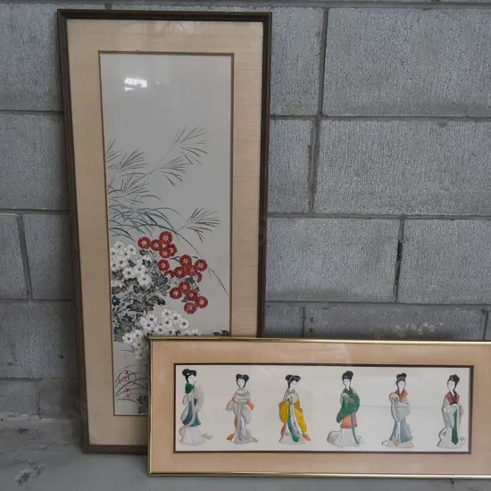 PAIR OF FRAMED ASIAN TEXTILE ART, TALLEST H 90 CM X W 39 CM