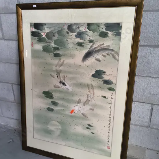 FRAMED TRADITIONAL CHINESE WATERCOLOR PAINTING, H 1.2 M X W 87 CM