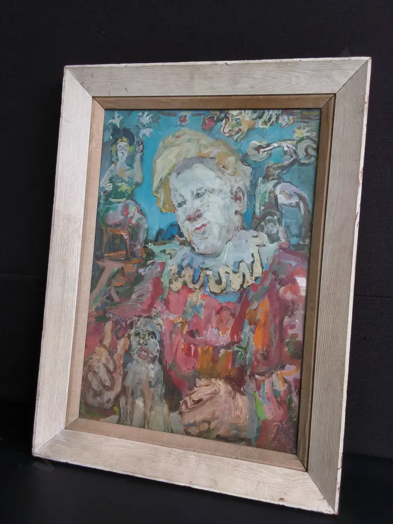 VINTAGE FINE ART PRINT, "CLOWN WITH DOG" OSKAR KOKOSCHKA, FRAMED, H 70 CM X W 52CM Image 1++