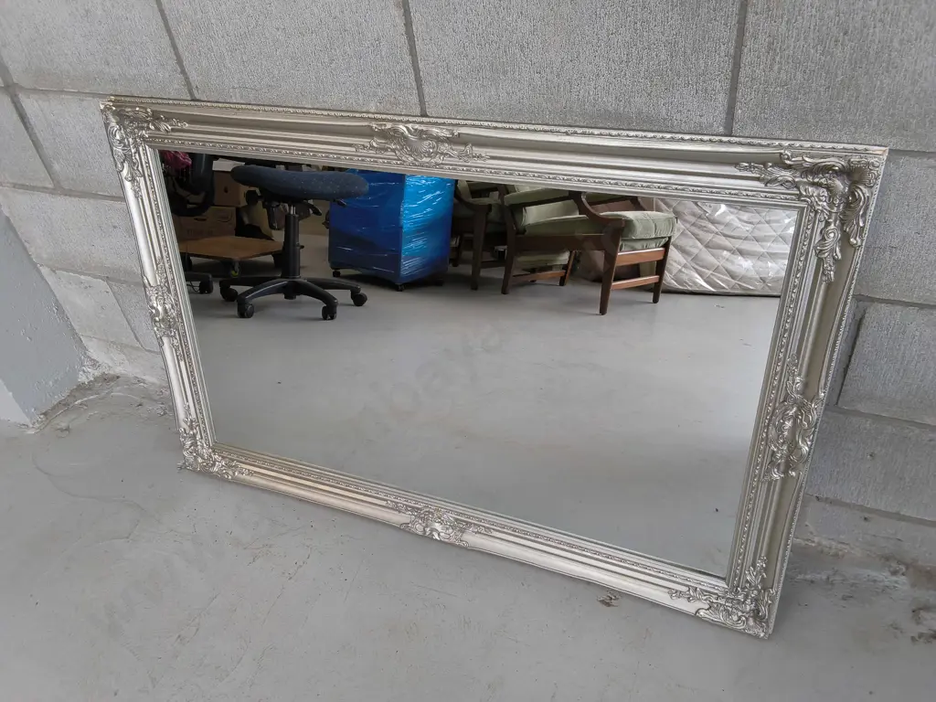 RECTANGULAR WALL MIRROR, SILVER TONED FRAME, H 74 CM X W 1.14 M, DAMAGE PICTURED Image 1++