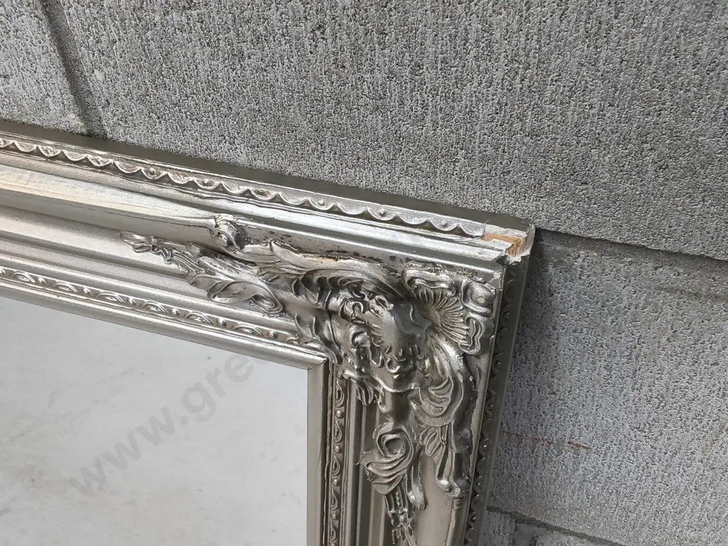 RECTANGULAR WALL MIRROR, SILVER TONED FRAME, H 74 CM X W 1.14 M, DAMAGE PICTURED Image 1++