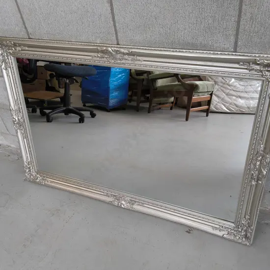 RECTANGULAR WALL MIRROR, SILVER TONED FRAME, H 74 CM X W 1.14 M, DAMAGE PICTURED