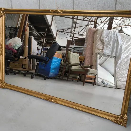 LARGE RECTANGULAR GOLD TONED FRAMED MIRROR, H 1.03 CM X W 1.64 CM