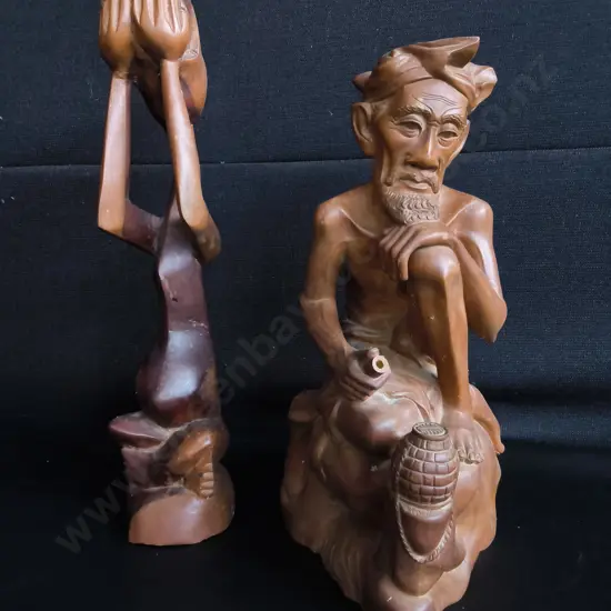 VINTAGE BALINESE HAND CARVED WOOD SCULPTURES, SET OF 2, TALLEST H 41 CM