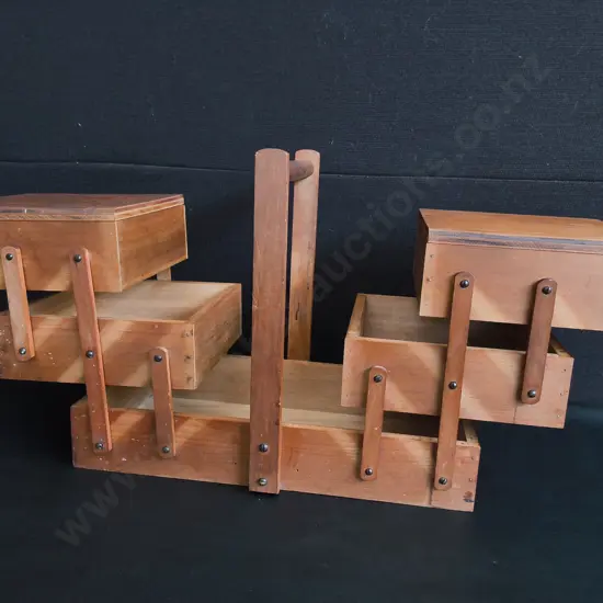 VINTAGE WOODEN ACCORDION STYLE SEWING BOX, H 33 CM