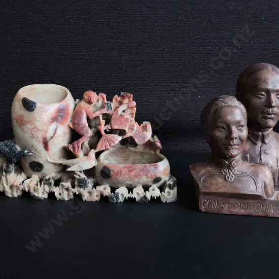 VINTAGE CHINESE CARVED SOAPSTONE DOUBLE VASE AND CHIANG KAISHEK COMMEMORATIVE BUST, WIDEST W 23 CM