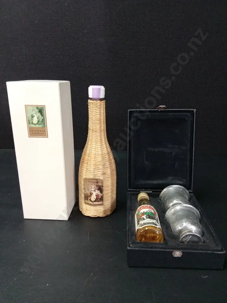 VINTAGE YARDLEY LAVENDER WICKER-WRAPPED BOTTLE IN BOX AND VINTAGE MINI BOTTLE OF LØITEN LINIE AQUAVIT AND 2 PEWTER CUPS Image 1++