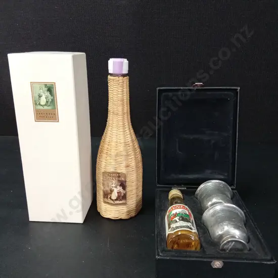 VINTAGE YARDLEY LAVENDER WICKER-WRAPPED BOTTLE IN BOX AND VINTAGE MINI BOTTLE OF LØITEN LINIE AQUAVIT AND 2 PEWTER CUPS