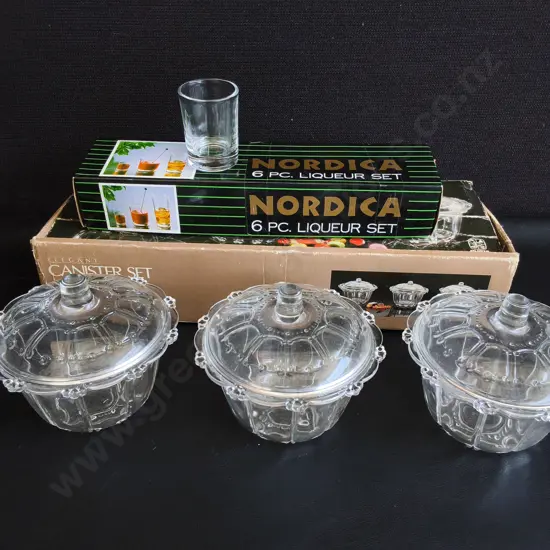 SET OF 6 VINTAGE GLASS CANISTERS WITH LIDS, AND SET OF 6 SHOT GLASSES, BOXED