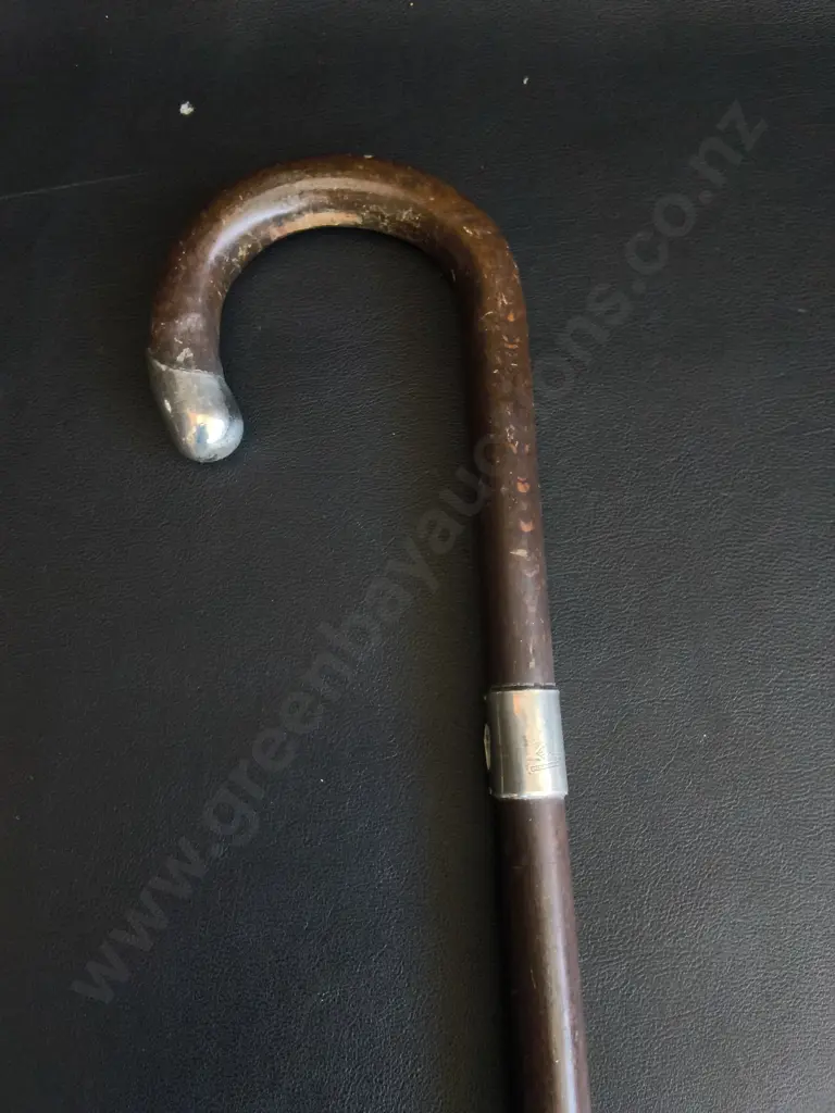 ANTIQUE WALKING CANE WITH STERLING SILVER ACCENTS Image 1++