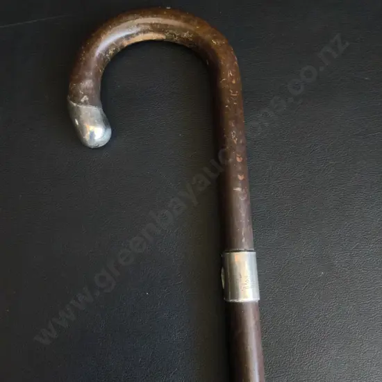 ANTIQUE WALKING CANE WITH STERLING SILVER ACCENTS