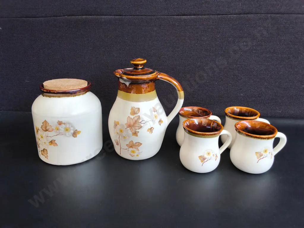 VINTAGE STUDIO POTTERY COFFEE SET AND CANISTER, 6 PIECES, TALLEST H 22 CM Image 1++