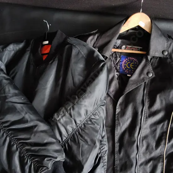 BOMBER JACKET SIZE UNKNOWN, AND CNELL BIKERS GEAR JACKET SIZE XL