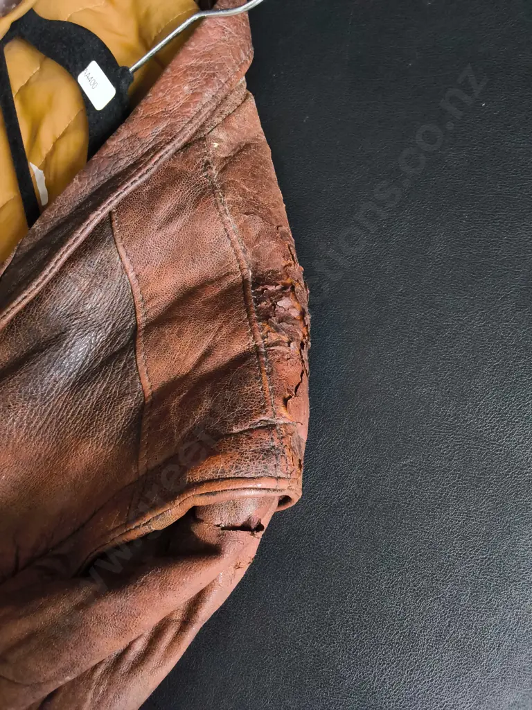 VINTAGE GENUINE LEATHER JACKET, SIZE UNKNOWN, DAMAGE PICTURED Image 1++