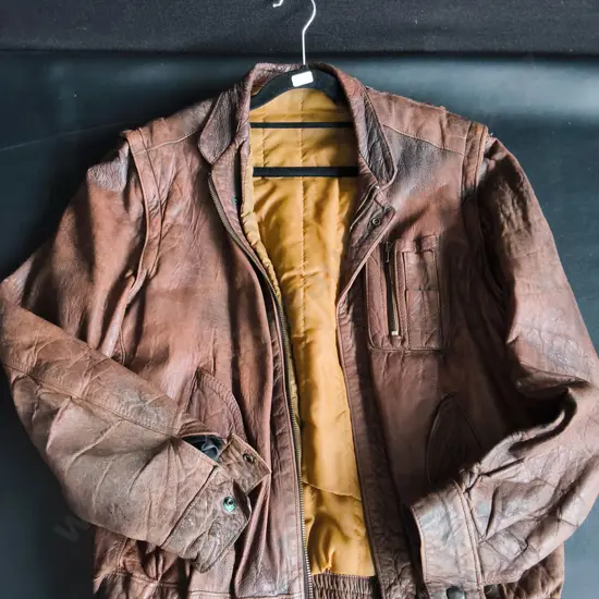 VINTAGE GENUINE LEATHER JACKET, SIZE UNKNOWN, DAMAGE PICTURED