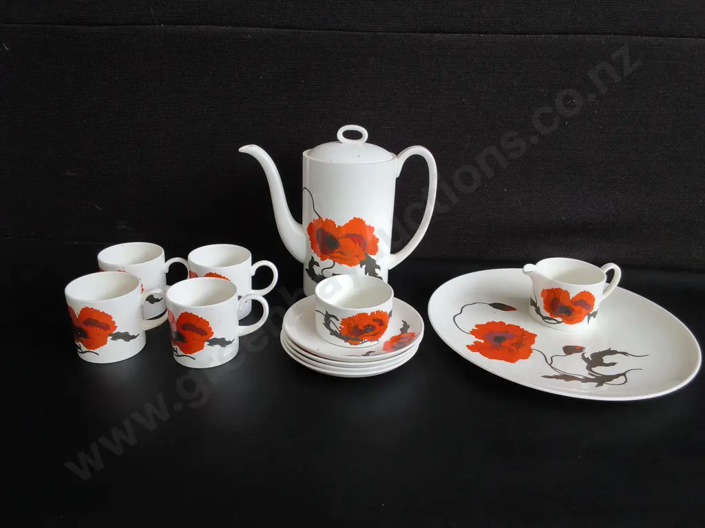 VINTAGE WEDGEWOOD SUSIE COOPER "CORN POPPY" BONE CHINA COFFEE SET, 12 PIECES, TALLEST H 21 CM Image 1++