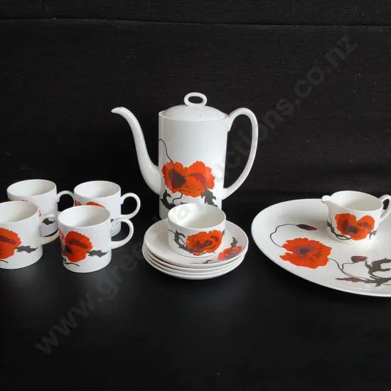 VINTAGE WEDGEWOOD SUSIE COOPER "CORN POPPY" BONE CHINA COFFEE SET, 12 PIECES, TALLEST H 21 CM