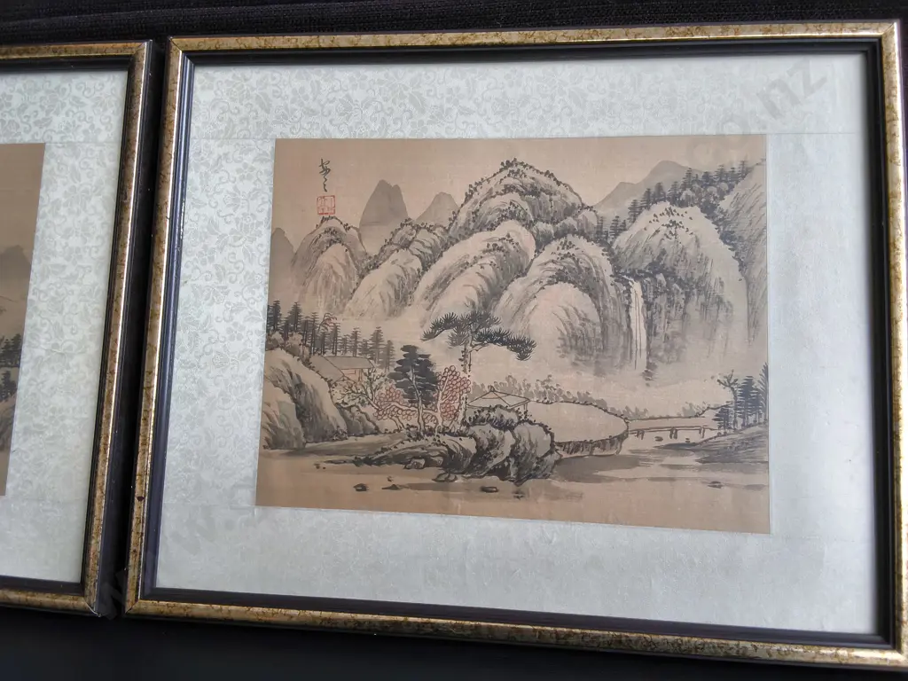 TRIO OF VINTAGE CHINESE LANDSCAPE SILK PRINTS, FRAMED, H 30 CM X W 37 CM Image 1++
