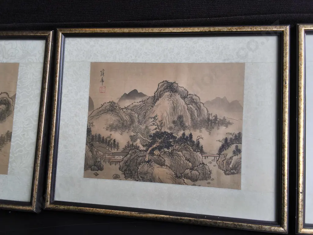 TRIO OF VINTAGE CHINESE LANDSCAPE SILK PRINTS, FRAMED, H 30 CM X W 37 CM Image 1++