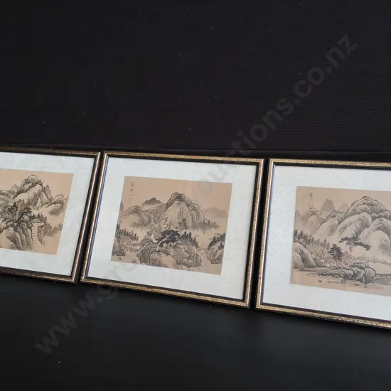 TRIO OF VINTAGE CHINESE LANDSCAPE SILK PRINTS, FRAMED, H 30 CM X W 37 CM