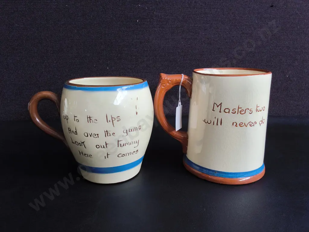 VINTAGE ENGLISH POTTERY, PAIR OF DARTMOUTH DEVON MOTTO WARE MUGS, AND WOODS IVORY WARE BOWL, TALLEST H 12 CM Image 1++