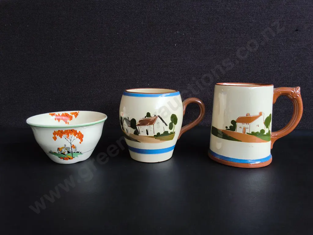 VINTAGE ENGLISH POTTERY, PAIR OF DARTMOUTH DEVON MOTTO WARE MUGS, AND WOODS IVORY WARE BOWL, TALLEST H 12 CM Image 1++