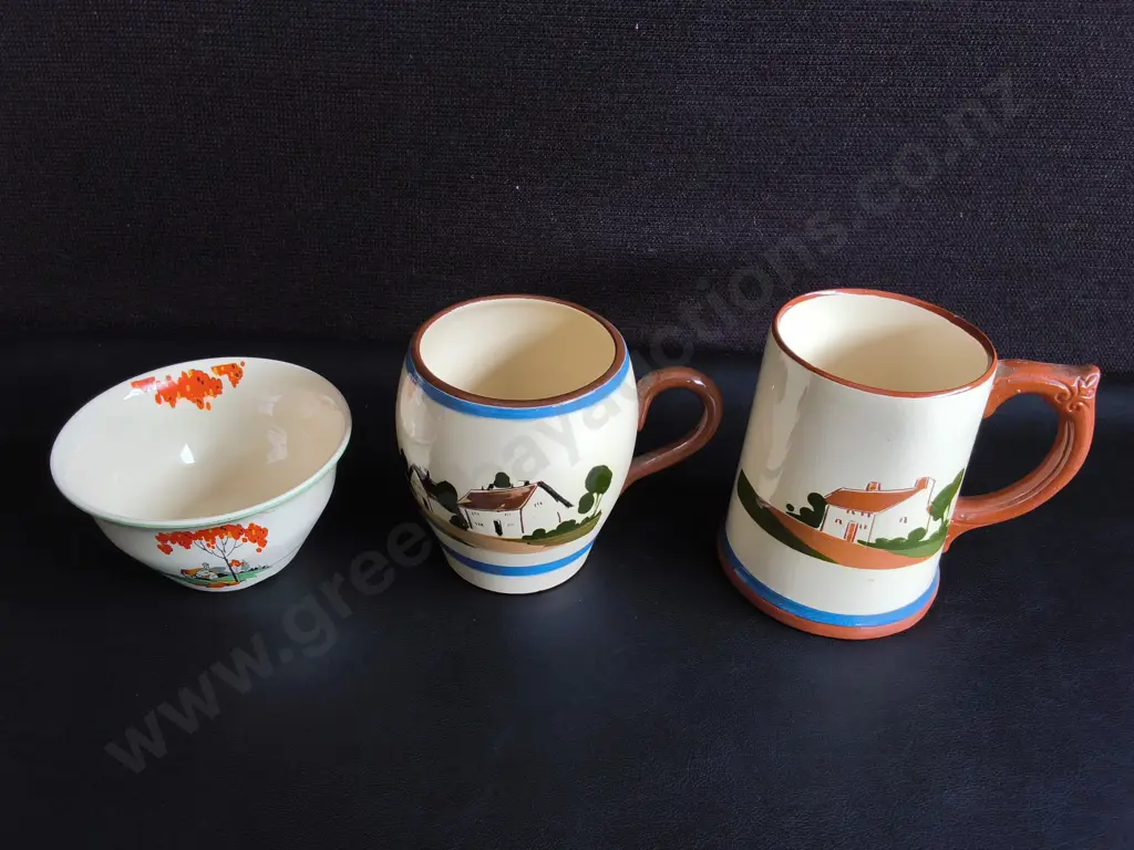 VINTAGE ENGLISH POTTERY, PAIR OF DARTMOUTH DEVON MOTTO WARE MUGS, AND WOODS IVORY WARE BOWL, TALLEST H 12 CM Image 1++