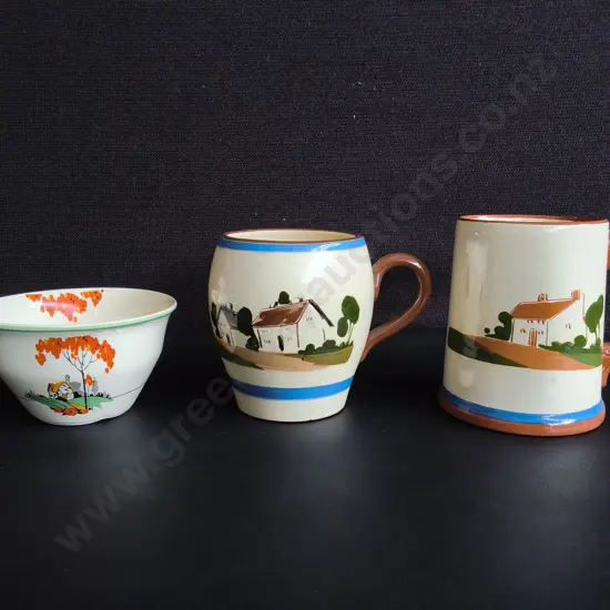 VINTAGE ENGLISH POTTERY, PAIR OF DARTMOUTH DEVON MOTTO WARE MUGS, AND WOODS IVORY WARE BOWL, TALLEST H 12 CM