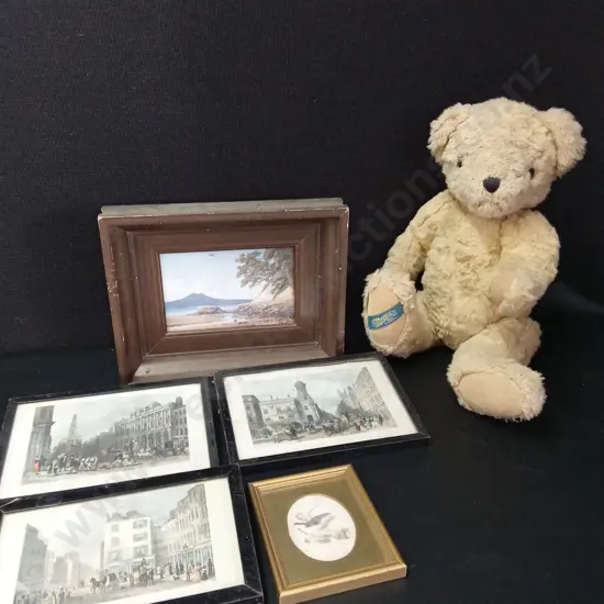 5 VINTAGE PHOTO FRAMES LARGEST L27CM AND A TRADITIONAL TEDDY BEAR